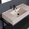 Console Sink Vanity With Beige Travertine Design Ceramic Sink and Matte Black Drawer, 35